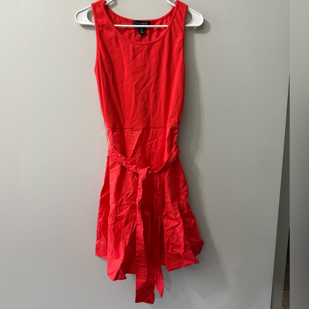 Tahari‎ Red Cotton Tie Waist Flowing Tiered Bottom Mini Dress• Medium NEW